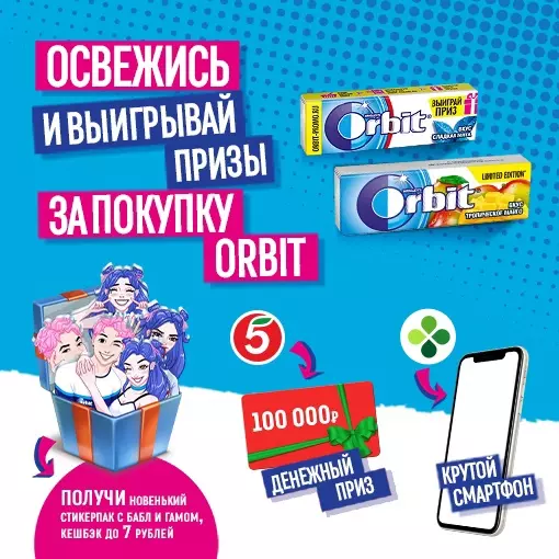 Акция Orbit и Пятерочка, Перекресток: «Освежись и выиграй призы за покупку Orbit!»