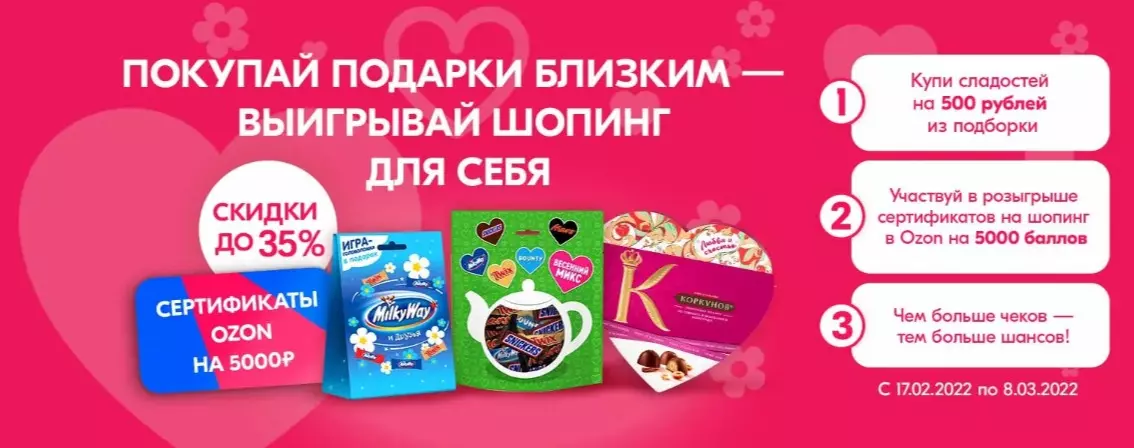Акция Mars, Milky Way, Коркунов, Dove, Twix, Snikers, M&M's и Ozon.ru: «Покупай подарки близким - выигрывай шопинг для себя»